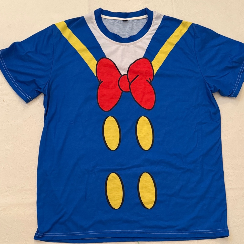 Blue Graphic T-Shirt with Red and Yellow Accents